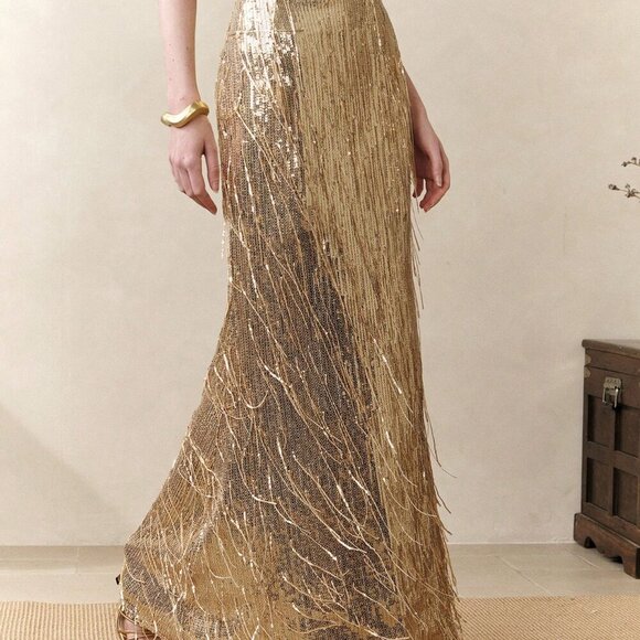 Gold Party Women's Sequin Fringe Mermaid maxi skirt - Picture 2 of 7